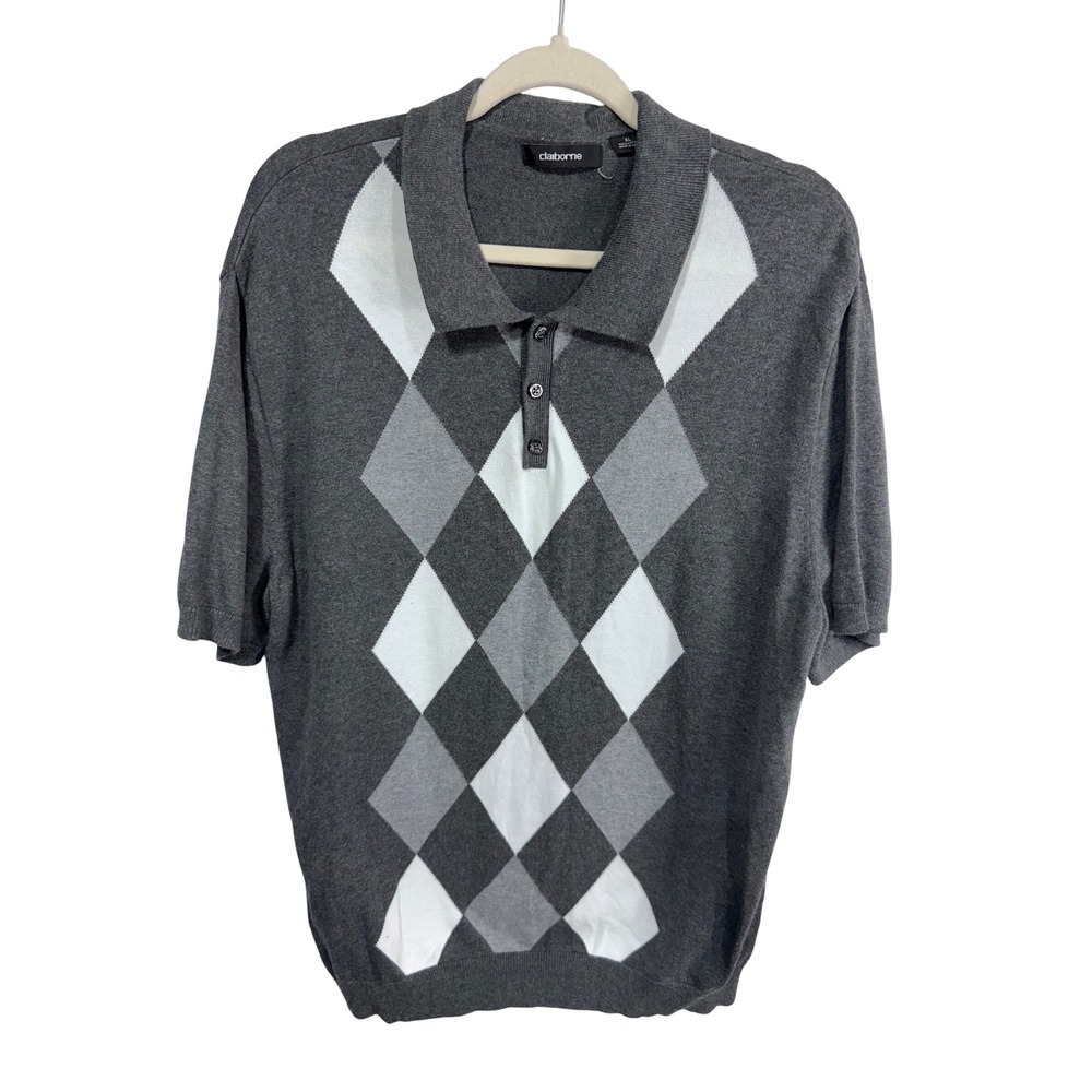 Claiborne XL Gray Argyle Polo Shirt Men's Short Sleeve Cotton Knit